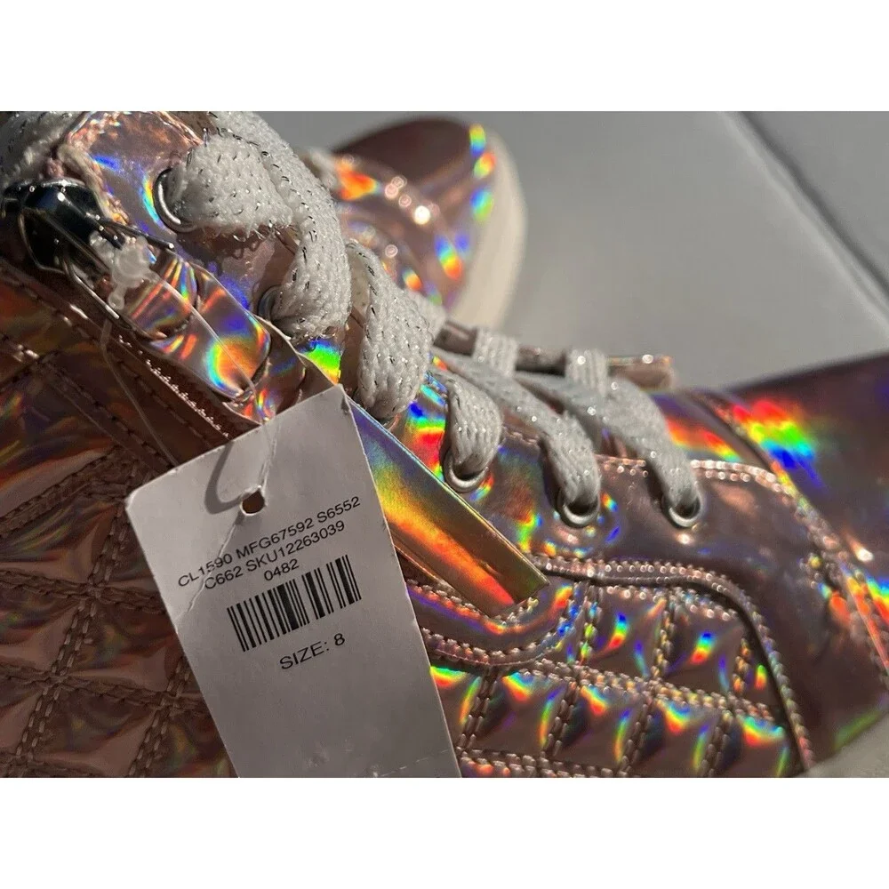 New Justice Rose Gold Holographic Quilted Wedge High Top Sneakers Girls Size 8